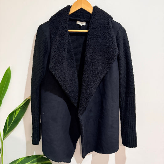 Capture Size L Black Sherpa Collar Waterfall Knit Cardigan