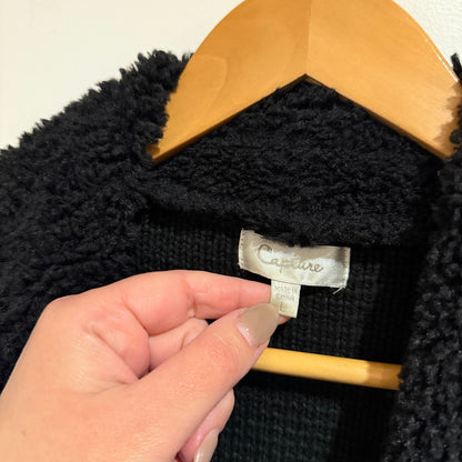 Capture Size L Black Sherpa Collar Waterfall Knit Cardigan