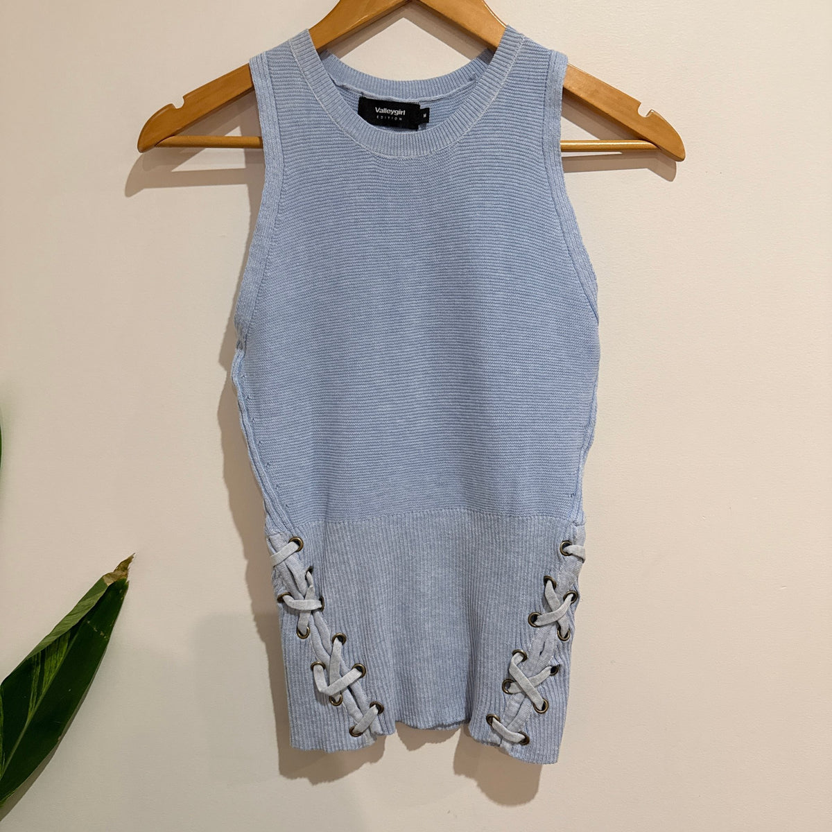 Valleygirl Light Blue Ribbed Knit Lace Up Sleeveless Top Size M (S Fit)