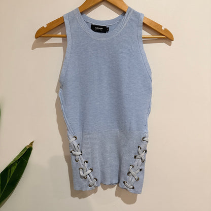 Valleygirl Light Blue Ribbed Knit Lace Up Sleeveless Top Size M (S Fit)