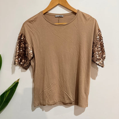 Zara Tan Sequin Sleeve Top Size S