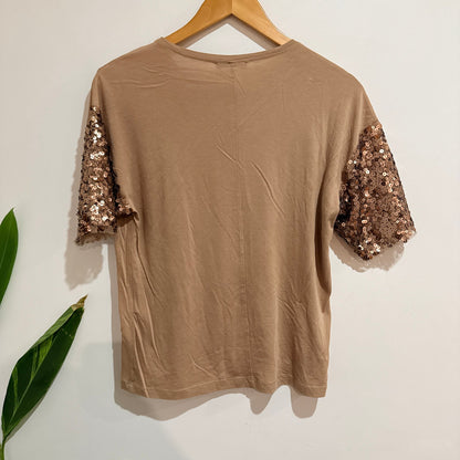 Zara Tan Sequin Sleeve Top Size S