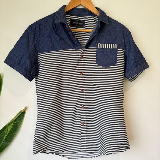 Black Forest Navy Chambray & Stripe Short Sleeve Shirt Size M | U/Arm to U/Arm 49cm