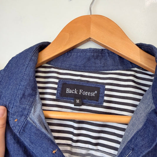 Black Forest Navy Chambray & Stripe Short Sleeve Shirt Size M | U/Arm to U/Arm 49cm