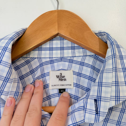 3 Wise Men Blue & White Check Slim Fit Shirt Size 41