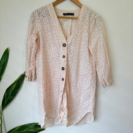 Zara Pale Pink Broderie Anglaise Tunic Shirt Dress Size XS | U/Arm to U/Arm 50cm