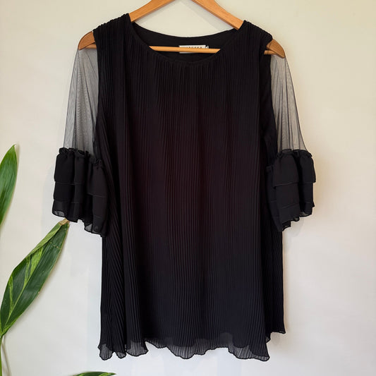 Black Pleated Chiffon Top with Sheer Ruffle Sleeves | U/Arm to U/Arm 48cm