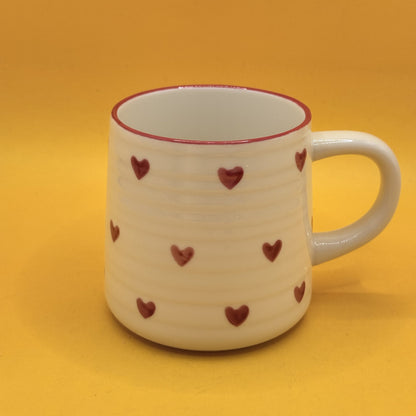 White Heart Print Ceramic Mug with Red Rim 8.5cm tall