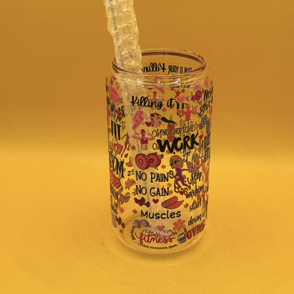 Vintage Rebels Gym Print Glass Tumbler with Straw