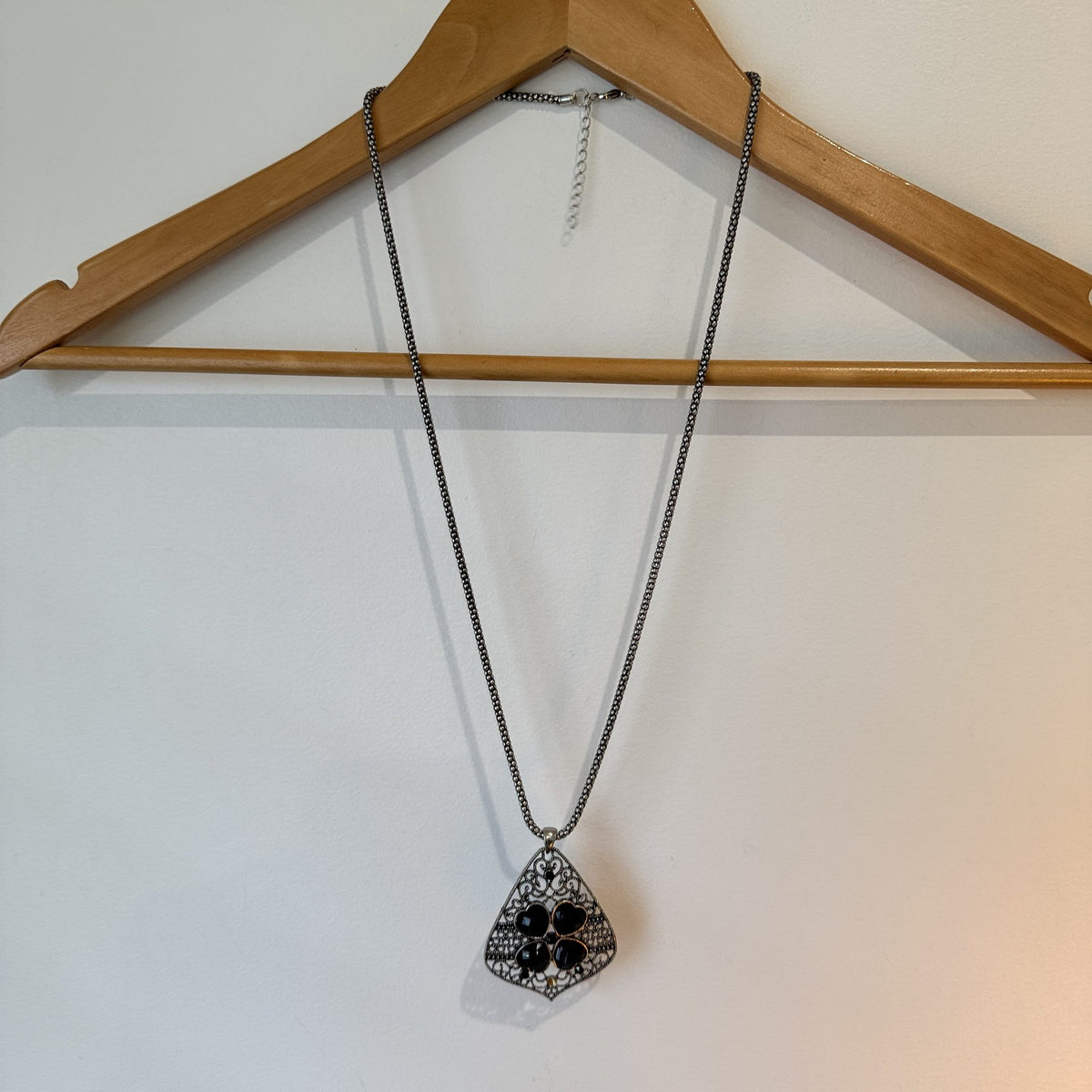 Silver Tone Filigree Pendant Necklace with Black Heart Stones