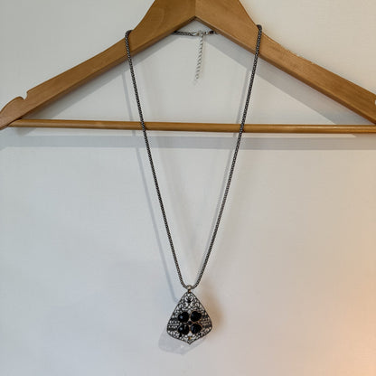 Silver Tone Filigree Pendant Necklace with Black Heart Stones