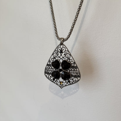 Silver Tone Filigree Pendant Necklace with Black Heart Stones