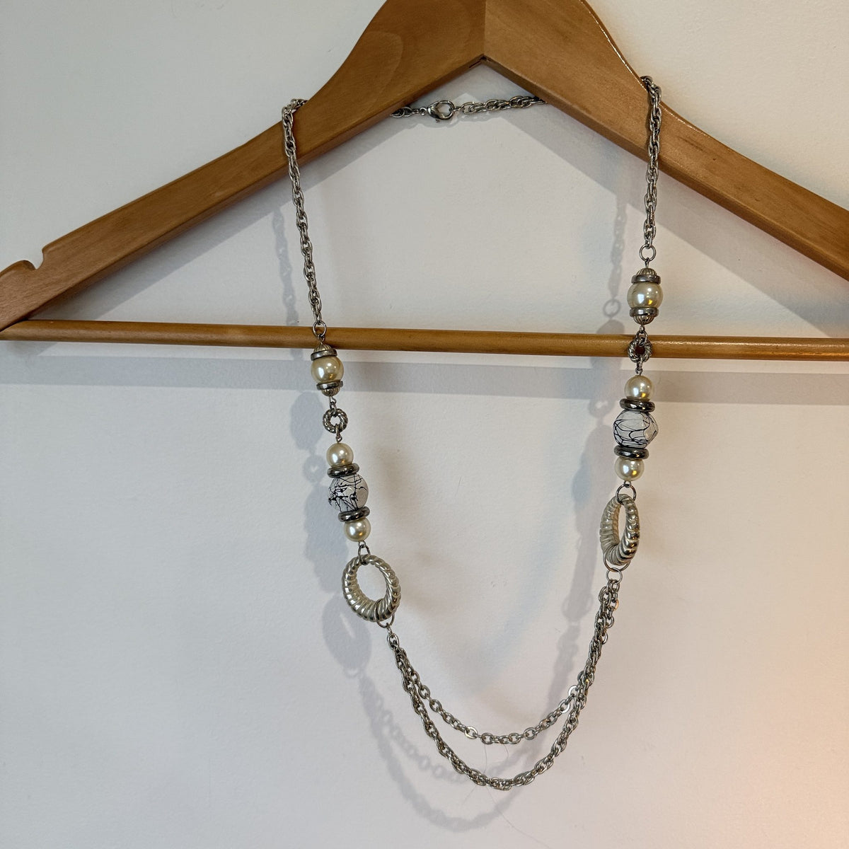Silver Tone Long Chain Necklace with Pearl & Bead Accents