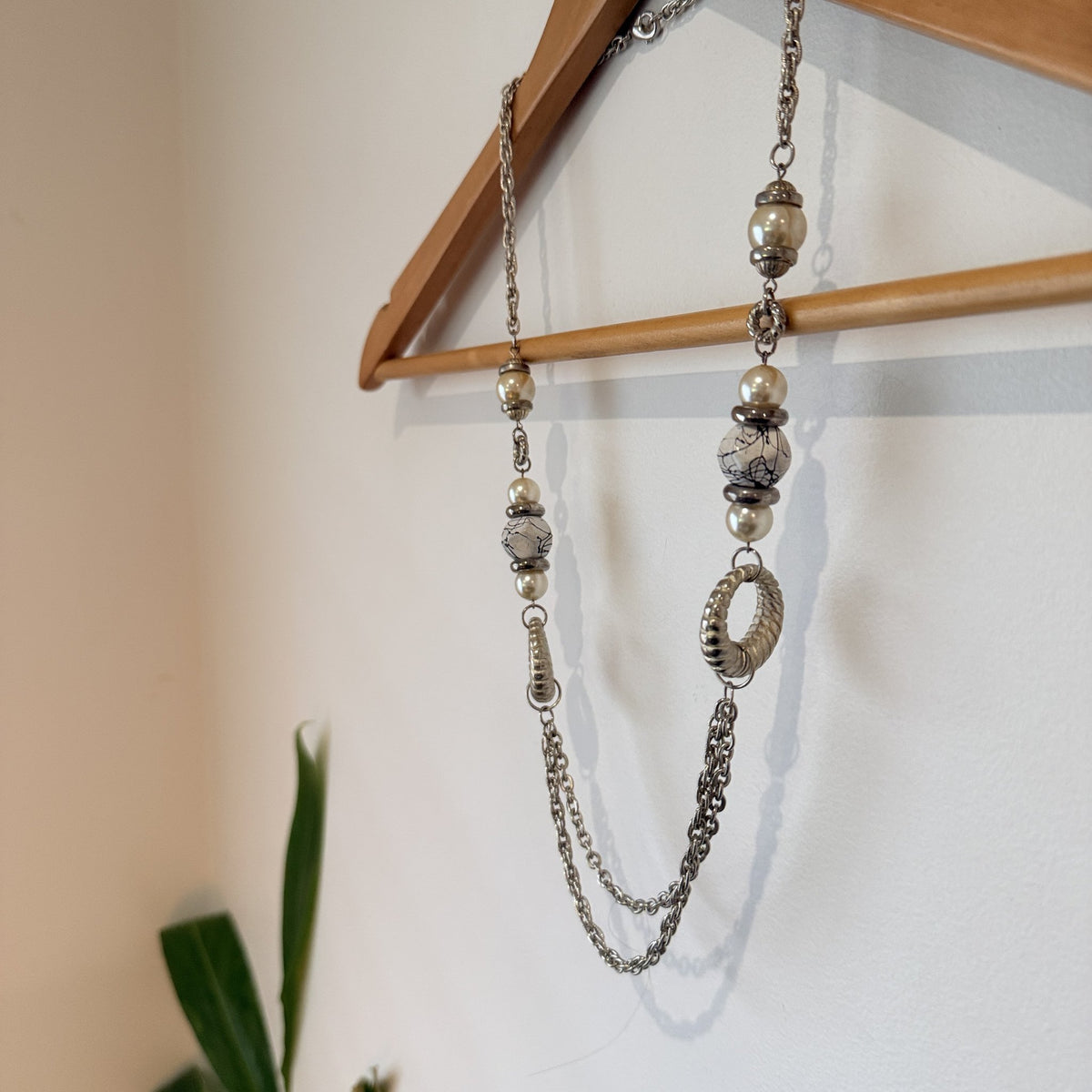 Silver Tone Long Chain Necklace with Pearl & Bead Accents