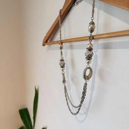 Silver Tone Long Chain Necklace with Pearl & Bead Accents