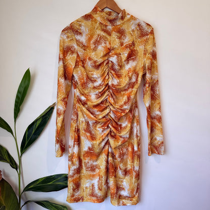 Shein Orange & Gold Print Ruched Long Sleeve Dress Size XL