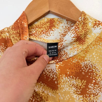 Shein Orange & Gold Print Ruched Long Sleeve Dress Size XL