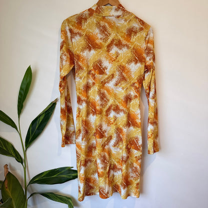 Shein Orange & Gold Print Ruched Long Sleeve Dress Size XL