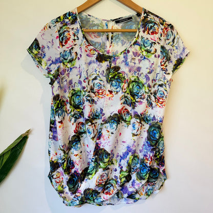Basque Multicolour Rose Print Short Sleeve Top Size 10