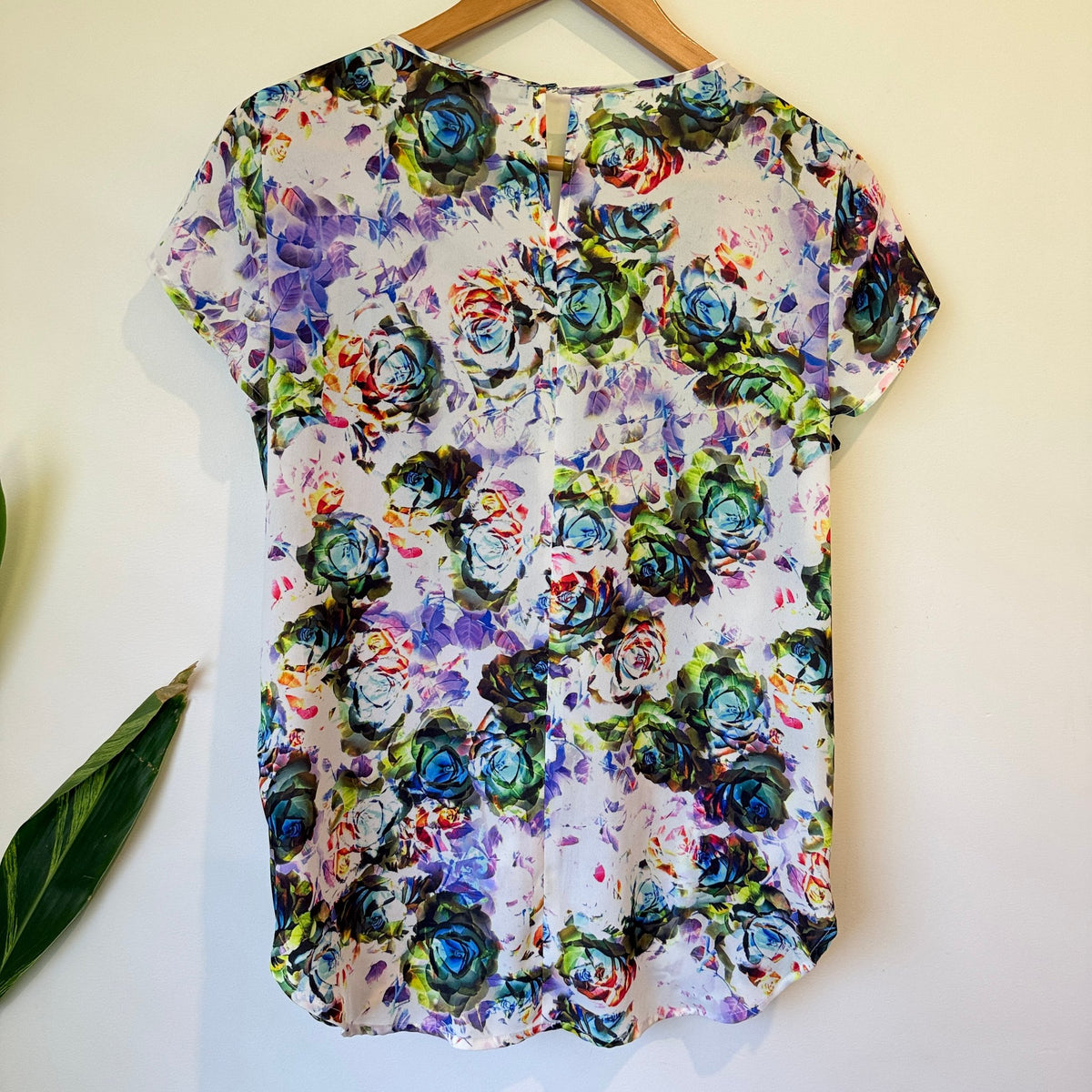 Basque Multicolour Rose Print Short Sleeve Top Size 10