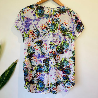 Basque Multicolour Rose Print Short Sleeve Top Size 10