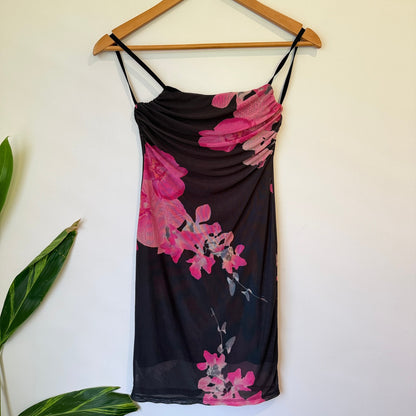 Glassons Black Pink Floral Mesh Mini Dress Size XS