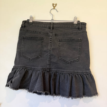 Washed Black Denim Mini Skirt with Ruffle Raw Hem