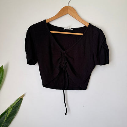 Glassons Black Ribbed Ruched Tie Front Crop Top Size L