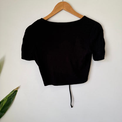 Glassons Black Ribbed Ruched Tie Front Crop Top Size L