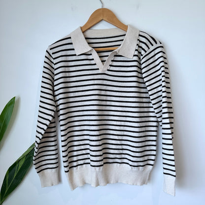 Cream & Black Stripe Collared Knit Jumper- 50cm u/arm
