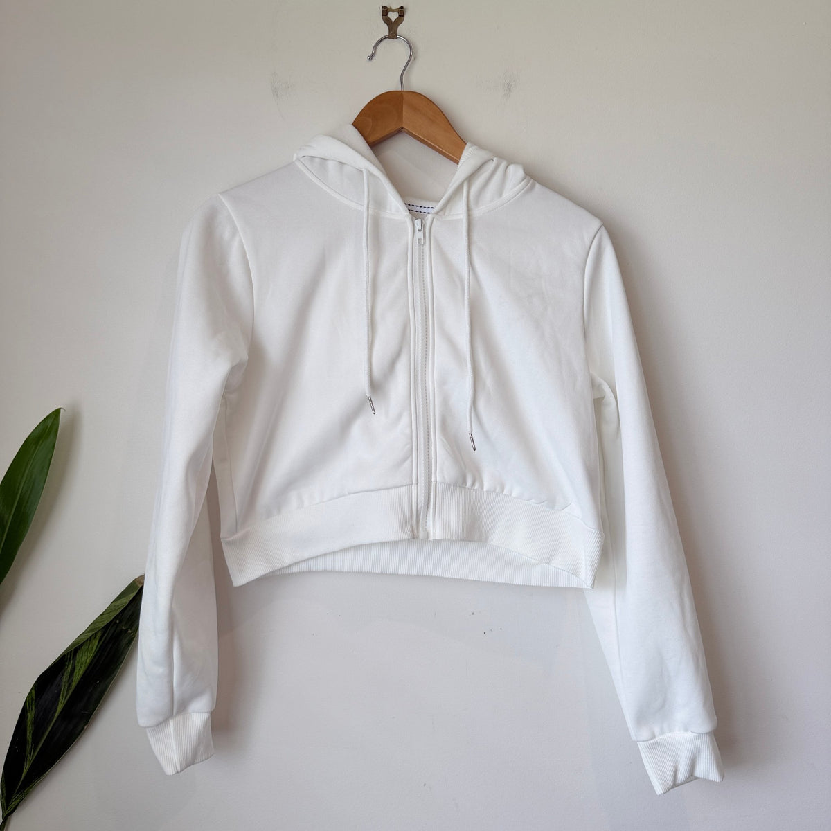 White Cropped Zip Up Hoodie Size S
