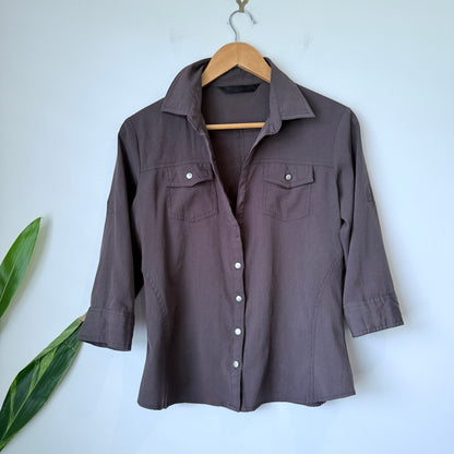 Ella J Black Label Size 12 Brown 3/4 Sleeve Snap Button Shirt