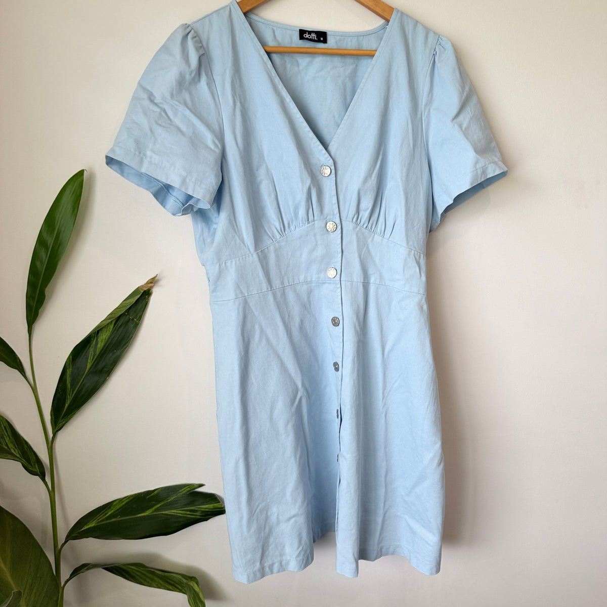 Dotti Light Blue Button Front Shirred Waist Dress Size 16