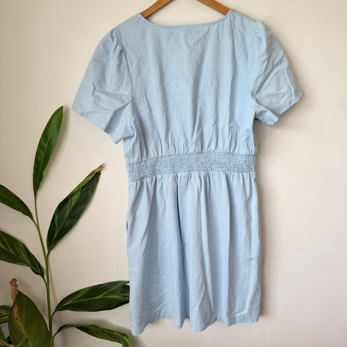 Dotti Light Blue Button Front Shirred Waist Dress Size 16