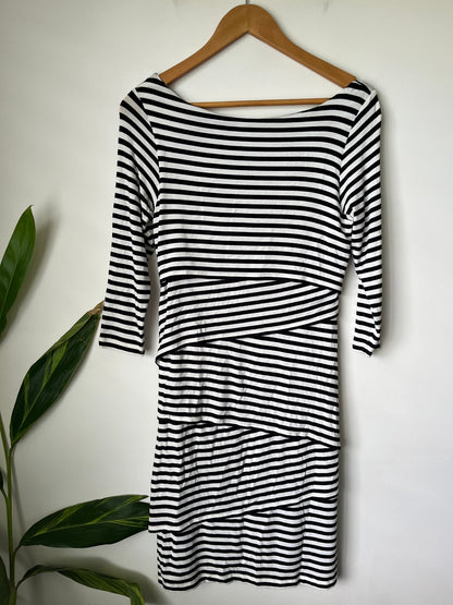 French Connection Black & White Stripe Tiered Dress Size 10