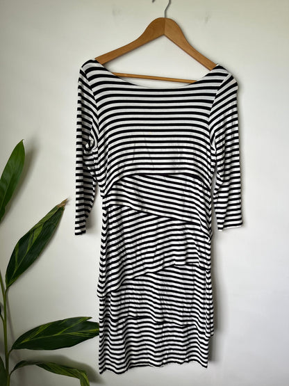 French Connection Black & White Stripe Tiered Dress Size 10
