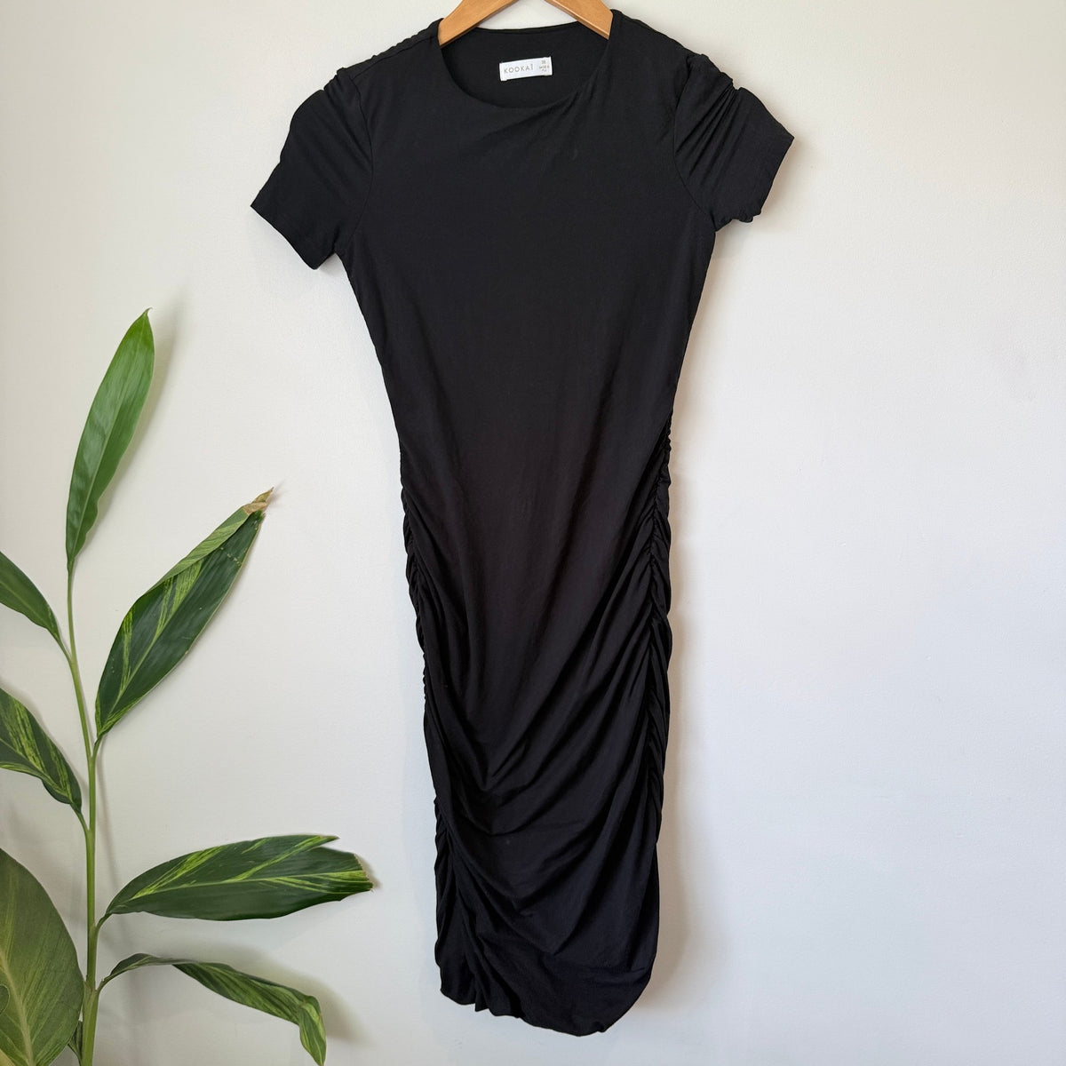 Kookai Black Ruched Side T-Shirt Midi Dress Size 36