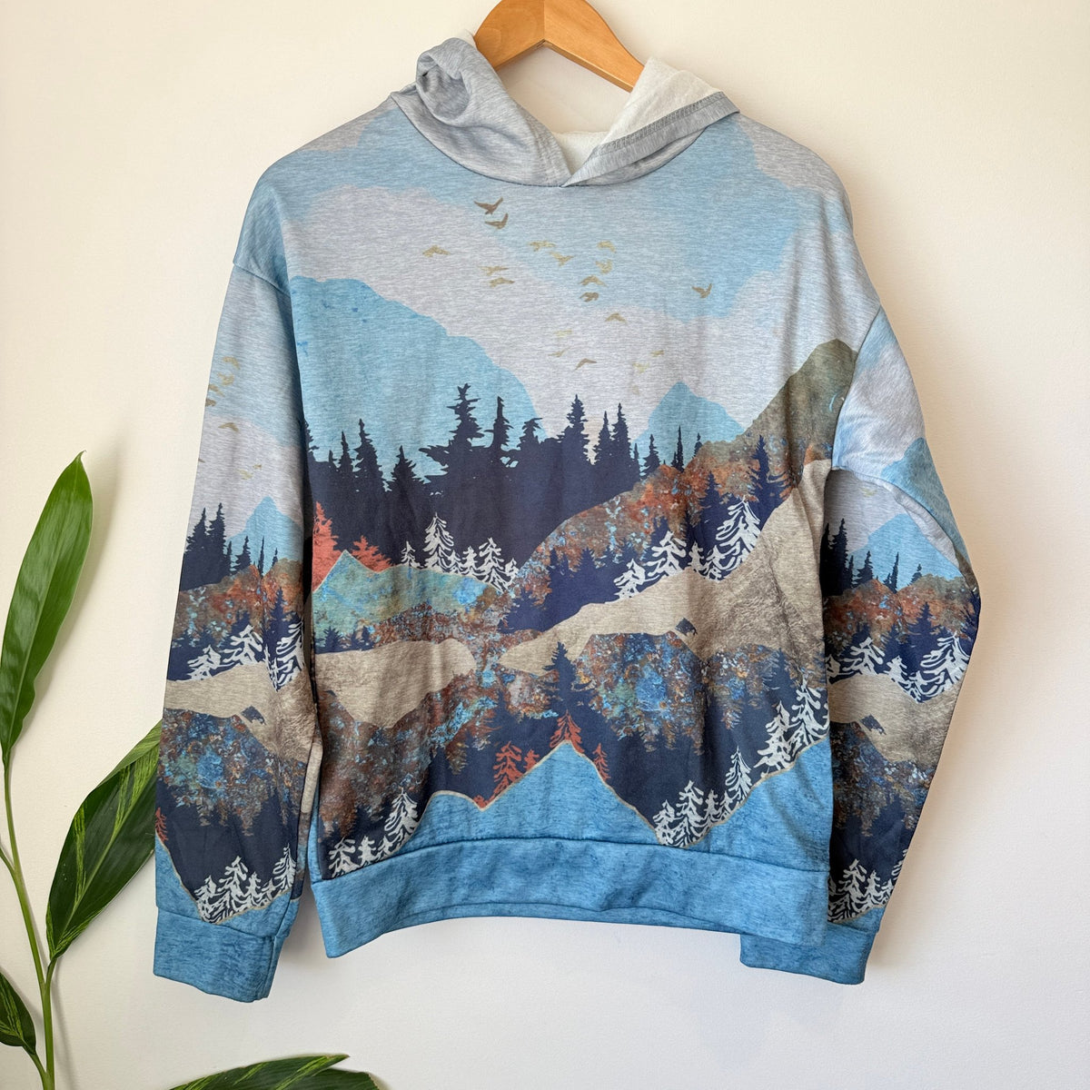 Blue Mountain Forest Landscape Print Hoodie Size S