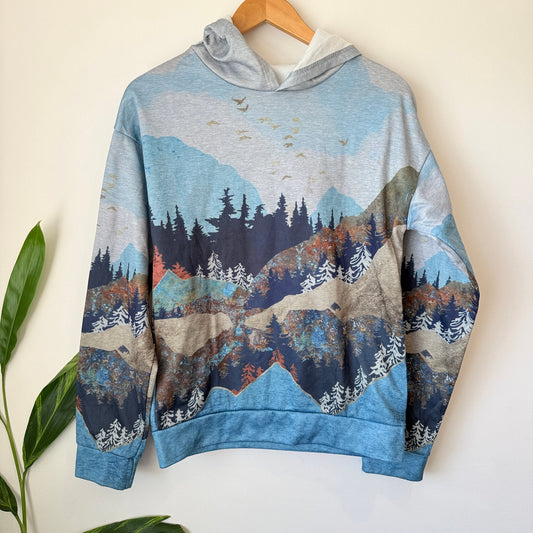 Blue Mountain Forest Landscape Print Hoodie Size S