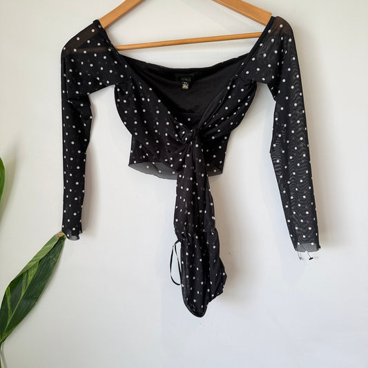 AFRM Black Polka Dot Mesh Ruched Long Sleeve Top Size S