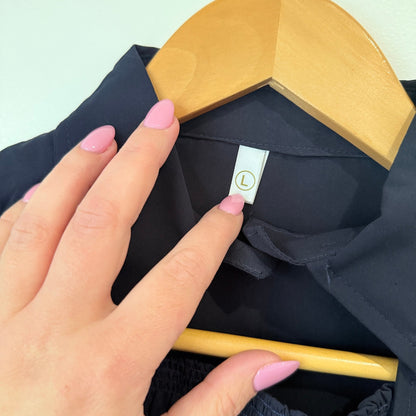 Navy Smocked Peplum Blouse with Collar and Puff Sleeves Size L / 44cm u/arm