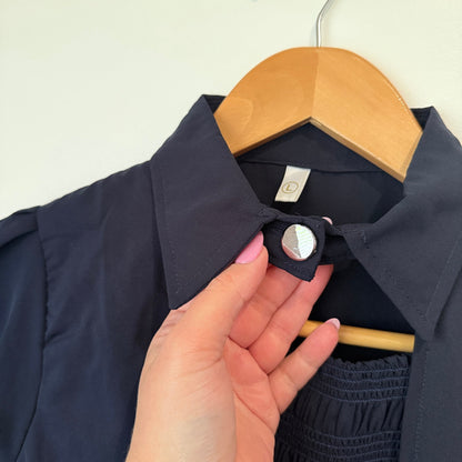 Navy Smocked Peplum Blouse with Collar and Puff Sleeves Size L / 44cm u/arm