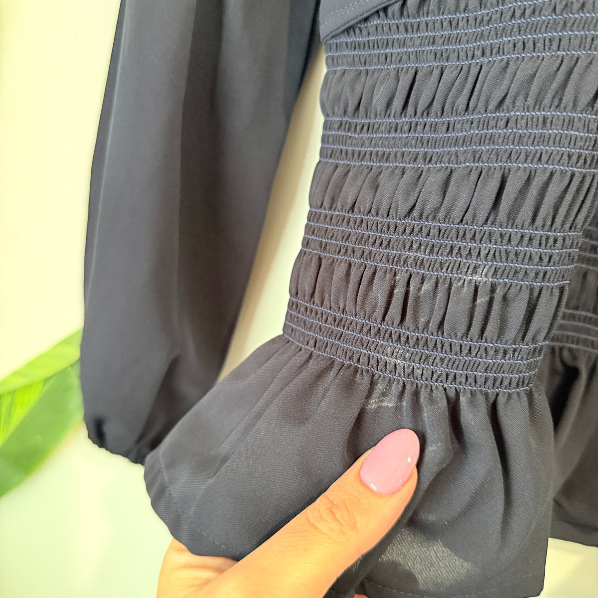 Navy Smocked Peplum Blouse with Collar and Puff Sleeves Size L / 44cm u/arm