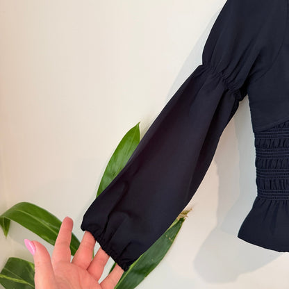 Navy Smocked Peplum Blouse with Collar and Puff Sleeves Size L / 44cm u/arm