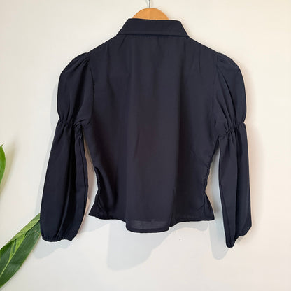 Navy Smocked Peplum Blouse with Collar and Puff Sleeves Size L / 44cm u/arm