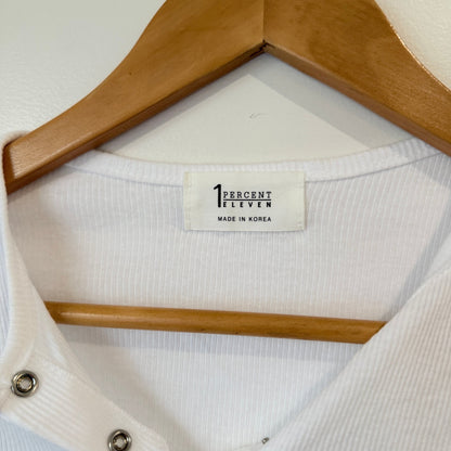 1 Percent Eleven White Ribbed Henley Crop Tee - 34cm u/arm