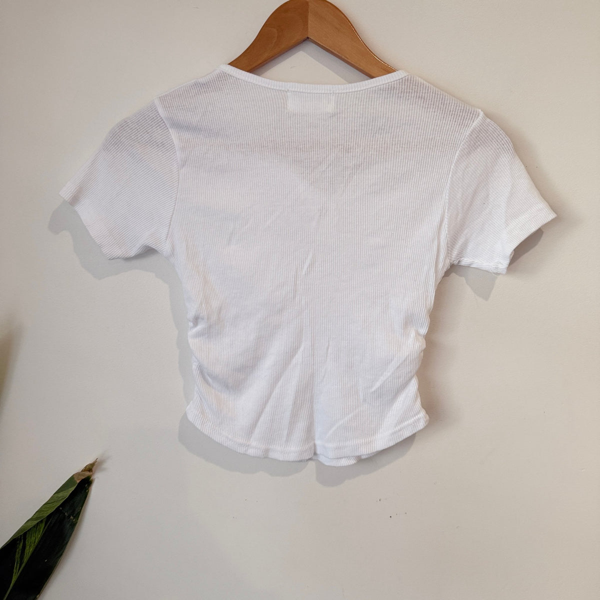 1 Percent Eleven White Ribbed Henley Crop Tee - 34cm u/arm