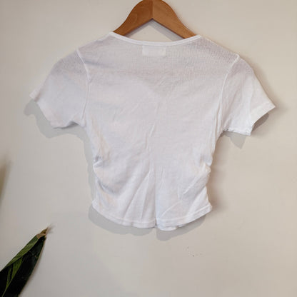 1 Percent Eleven White Ribbed Henley Crop Tee - 34cm u/arm