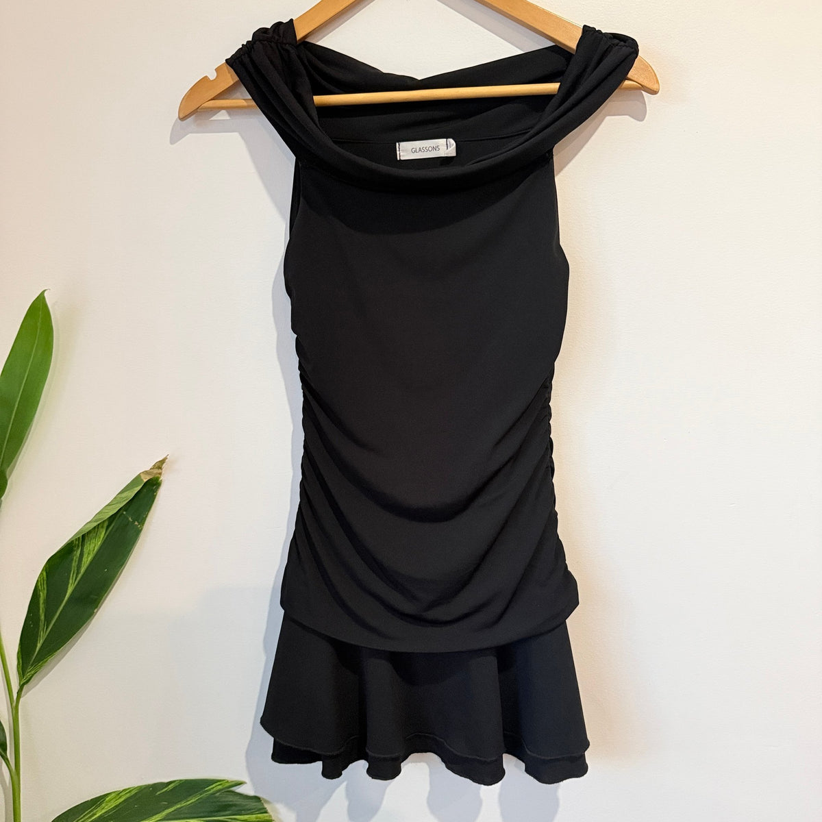 Glassons Black Ruched Cowl Neck Ruffle Hem Mini Dress Size XS