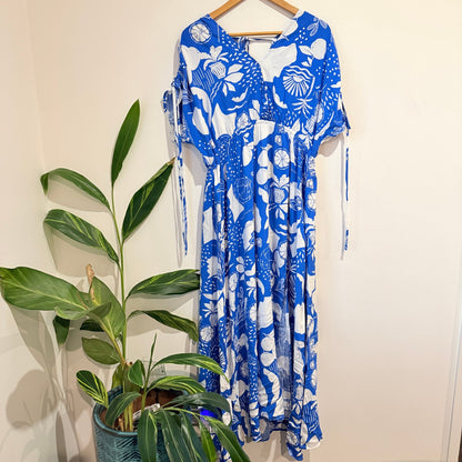Miracle Blue & White Print V-Neck Maxi Dress Size 16